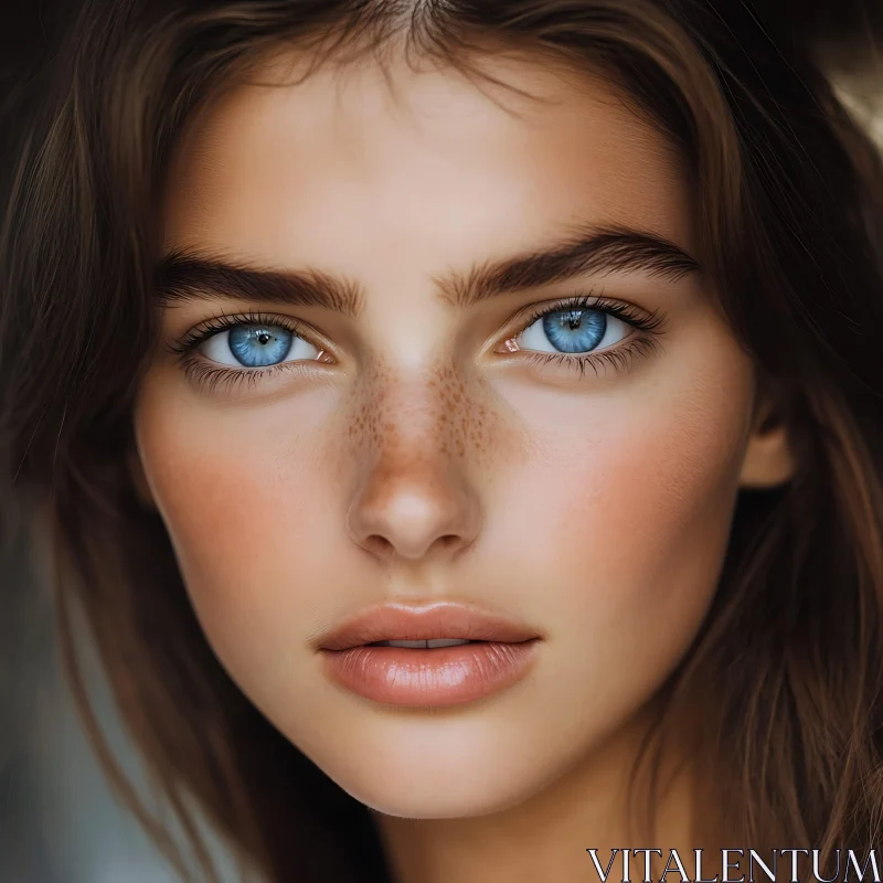 Woman with Blue Eyes and Freckles Portrait AI Image