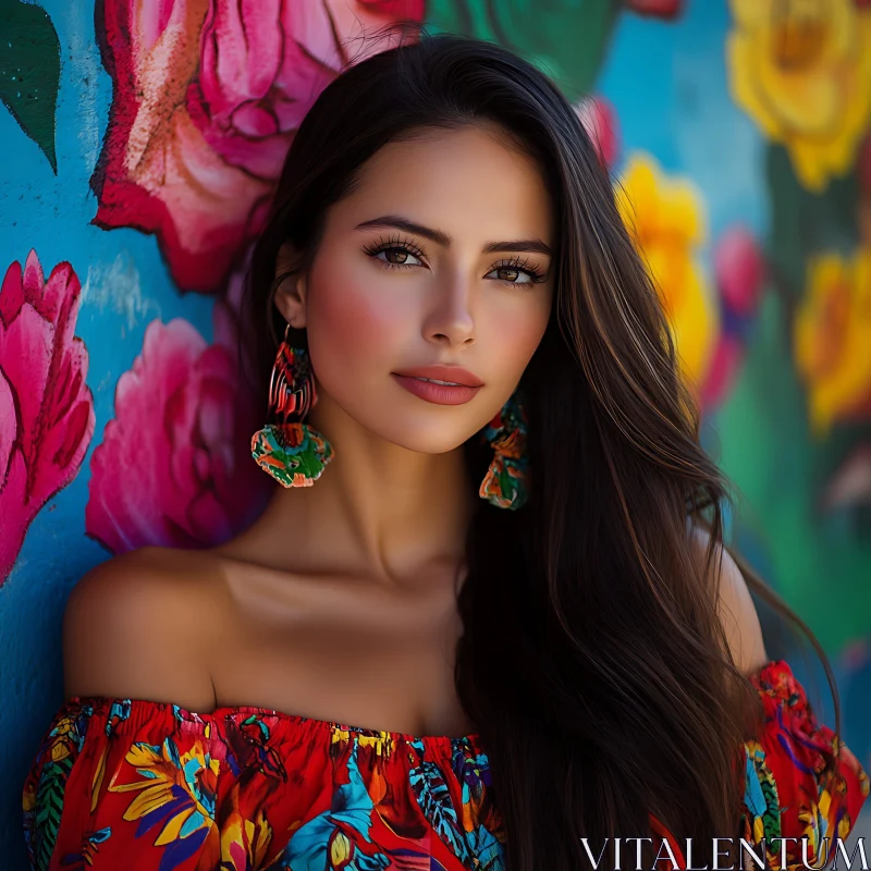 Vibrant Portrait of a Woman Against Floral Mural AI Image