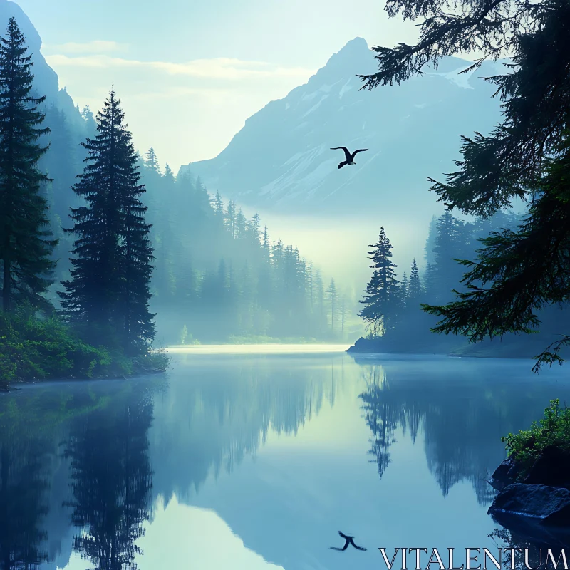 Calm Lake with Misty Mountains and Reflective Water AI Image