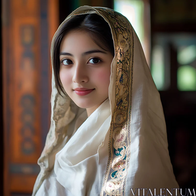 Elegant Woman Wearing Embroidered White Shawl AI Image