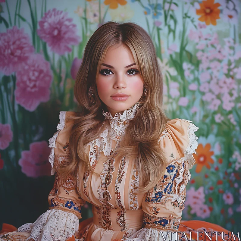 Vintage Elegance: Woman Against Floral Backdrop AI Image