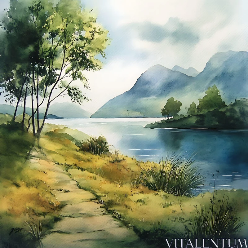 Serene Watercolor Landscape with Mountain View AI Image