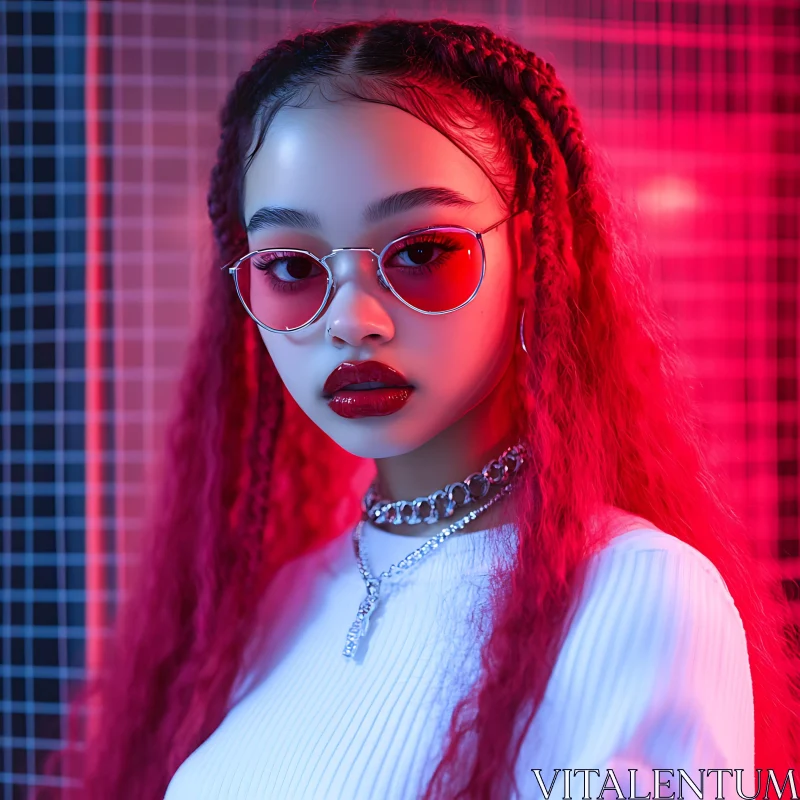 Chic Woman with Red-Tinted Sunglasses and Braided Hair AI Image