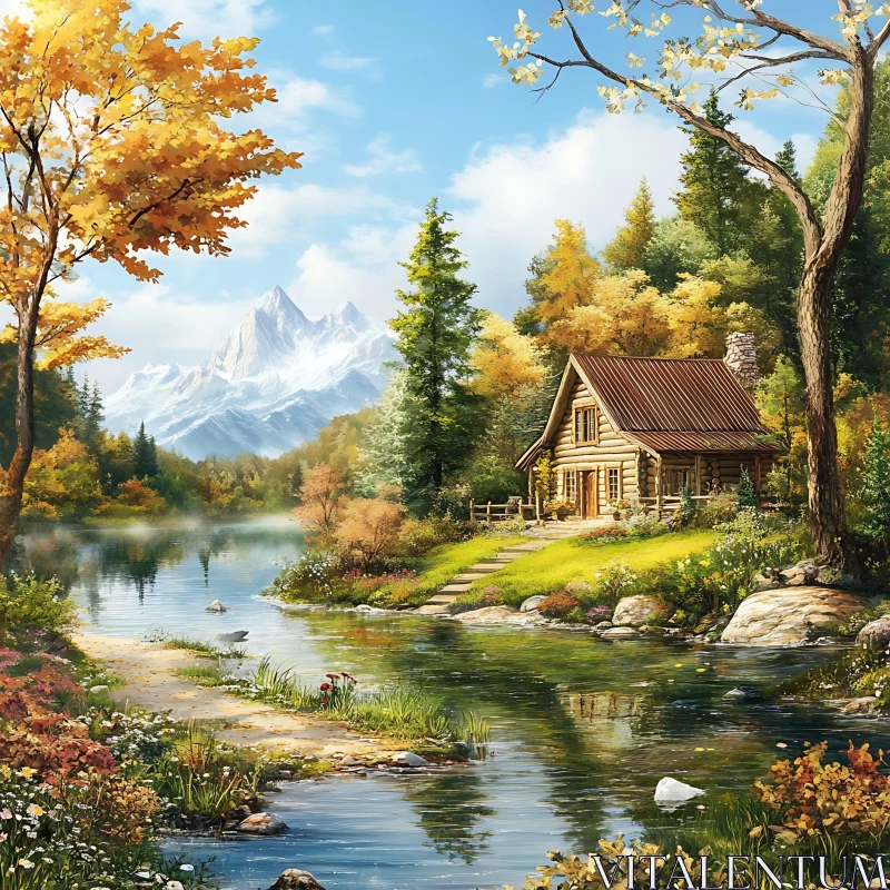 Tranquil Autumn Retreat by the Lake AI Image