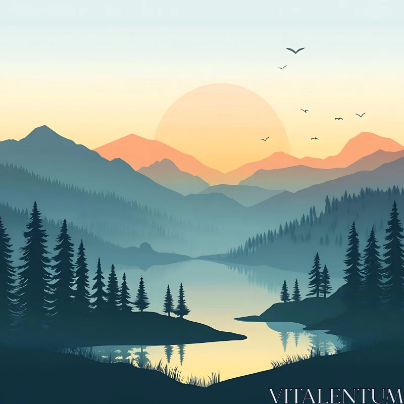 Peaceful Morning in Mountainous Forest AI Image