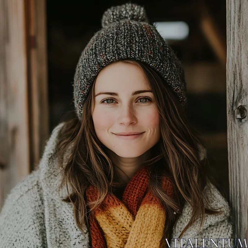 Smiling Woman in Knitted Beanie and Scarf AI Image