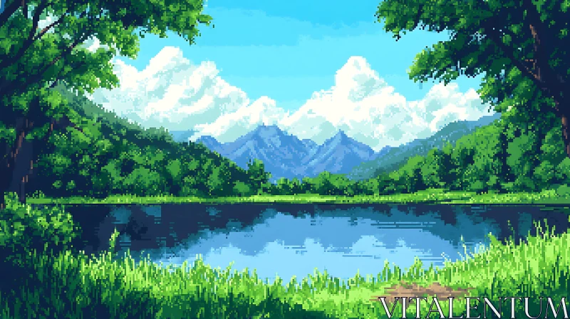 Tranquil Mountain Lake Pixel Art AI Image