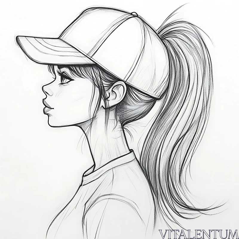 Monochrome Drawing of Woman in Cap AI Image