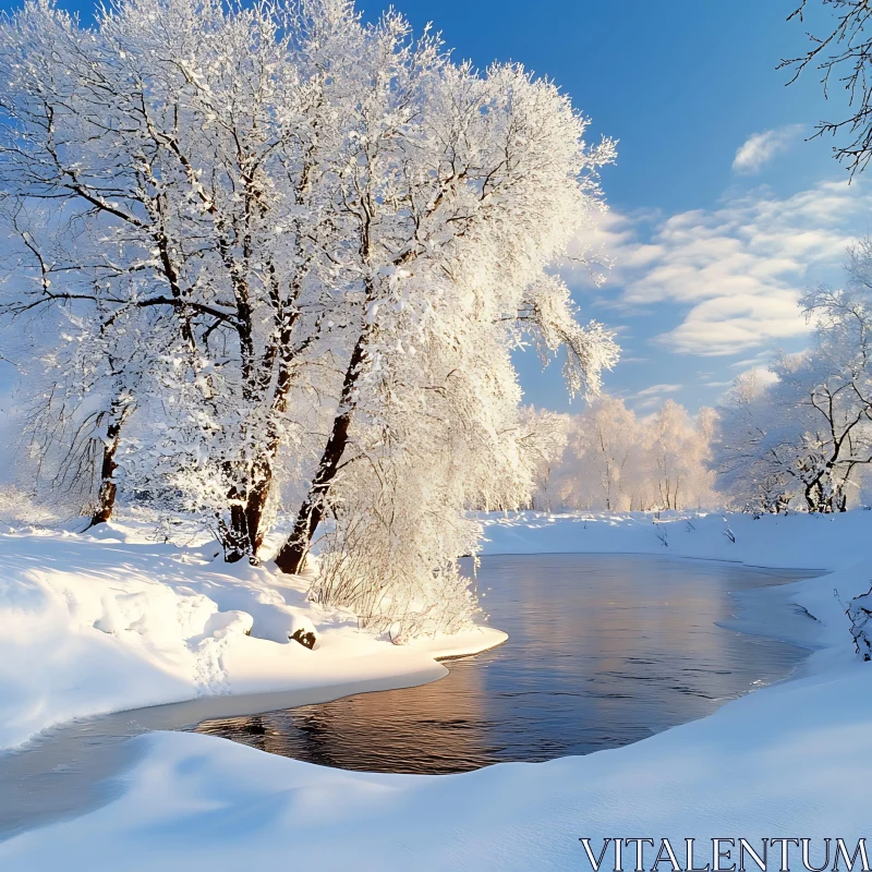 Peaceful Snowy Landscape by the River AI Image