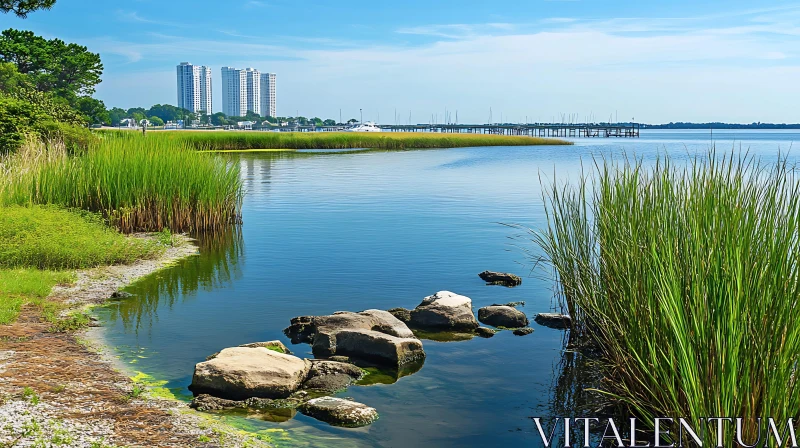 Peaceful Lake Scene with Urban Skyline AI Image