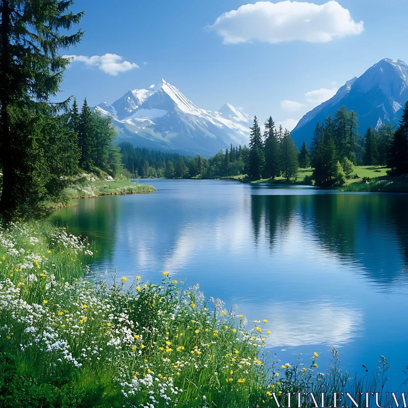 Peaceful Alpine Lake with Blossoming Flowers and Majestic Mountains AI Image