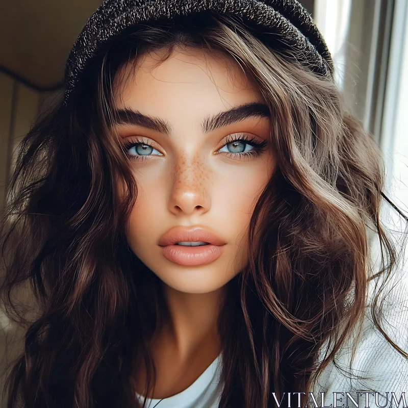 Freckled Beauty with Striking Blue Eyes AI Image