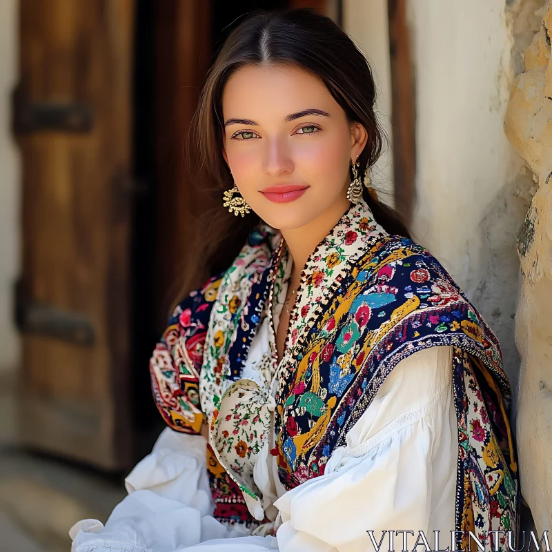 Graceful Portrait of Woman in Vibrant Traditional Outfit AI Image