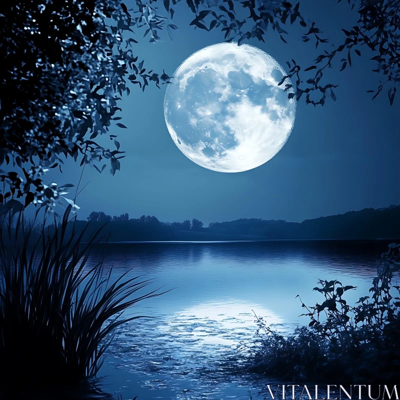 Tranquil Moonlit Nightscape by the Lake AI Image