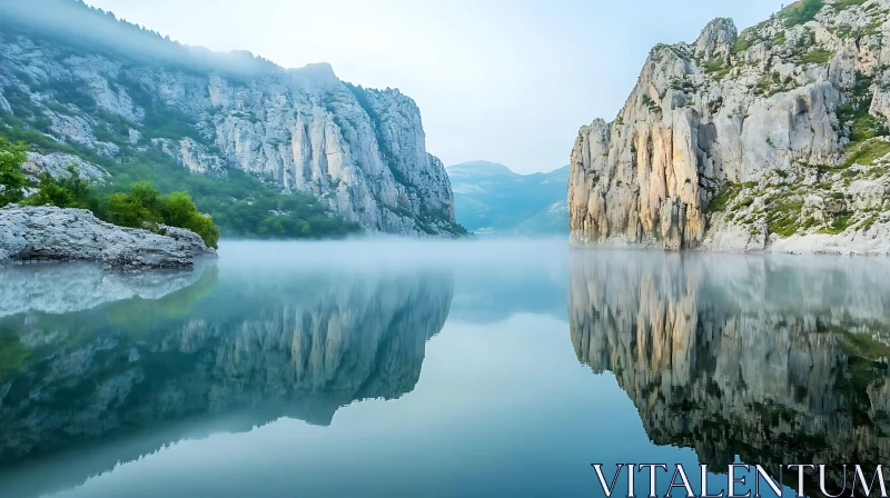 Peaceful Lake Reflection and Misty Cliffs AI Image