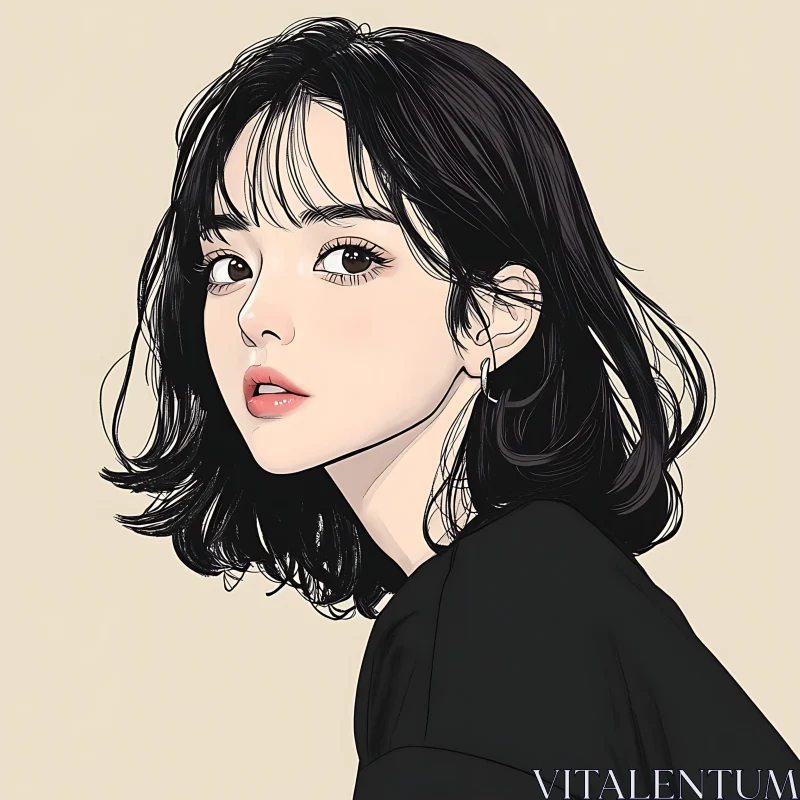 Anime Girl Portrait - Black Hair and Pink Lips AI Image