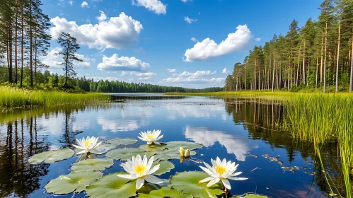 Tranquil Waterscape with White Water Lilies