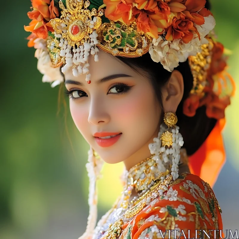 Regal Woman in Cultural Dress with Floral Headdress AI Image