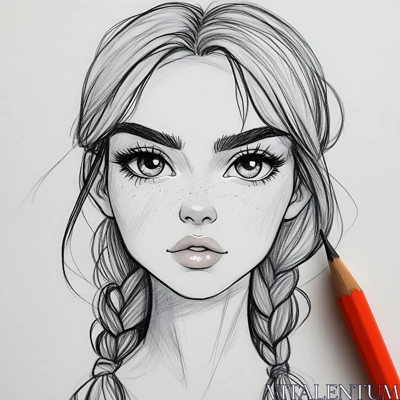 Intricate Pencil Portrait of a Braided Girl AI Image