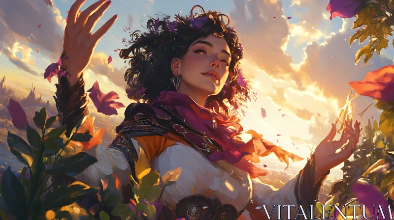 Woman with Flowers under Setting Sun AI Image