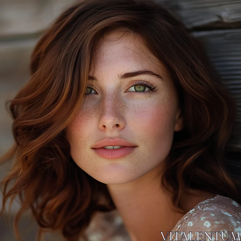 Natural Beauty Portrait of a Woman with Green Eyes and Freckles AI Image