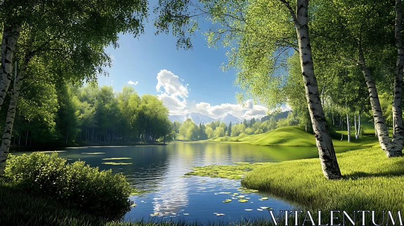 AI ART Serene Lake with Sunlit Trees and Distant Mountains