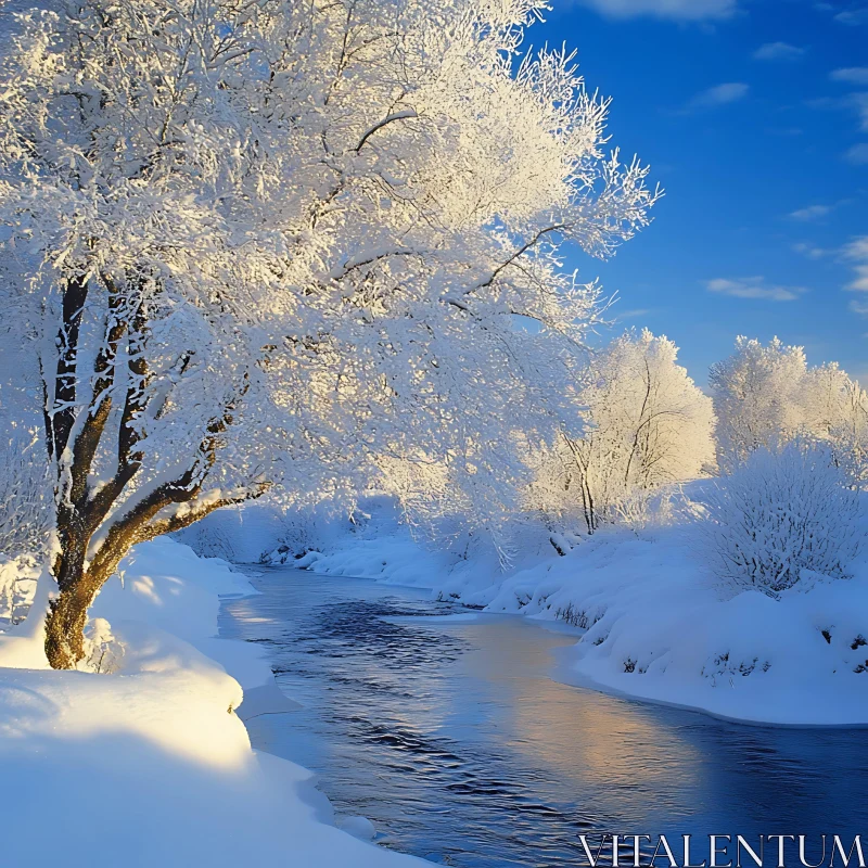 Tranquil Snow-Covered Trees and Stream in Winter AI Image