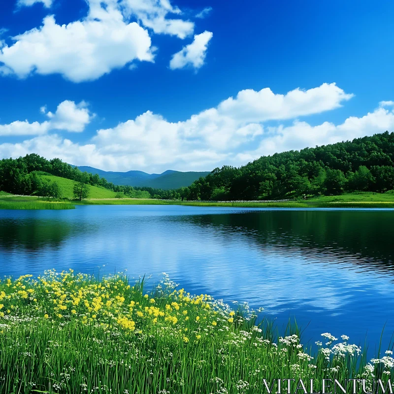 Peaceful Lake with Forested Hills and Vibrant Flowers AI Image