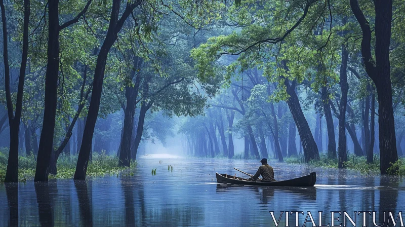 Canoe Adventure in a Misty Forest AI Image