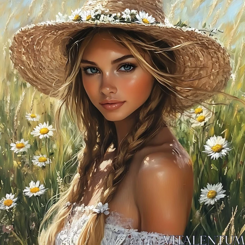 AI ART Sunlit Field Portrait of a Woman in Straw Hat with Daisies