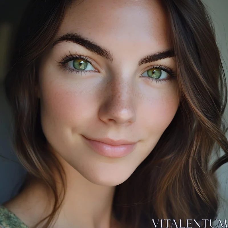 Serene Portrait of a Woman with Green Eyes and Freckles AI Image