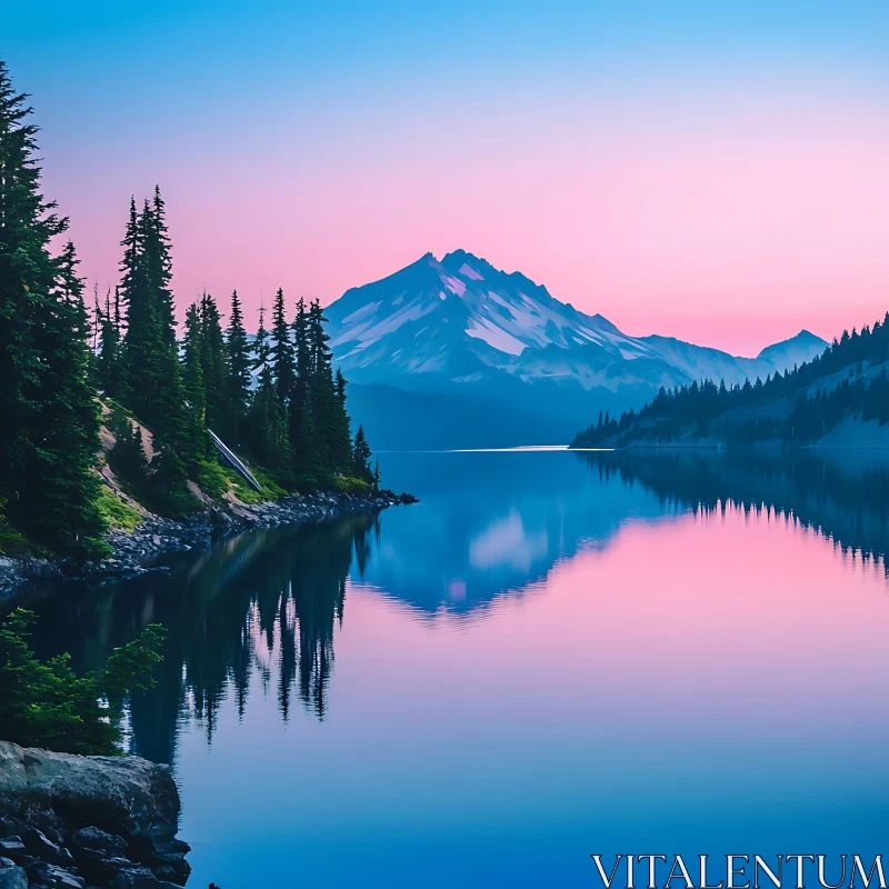 Tranquil Sunset Over the Mountain Lake AI Image