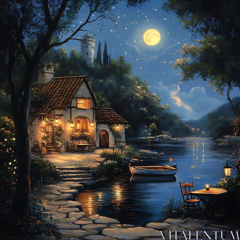 Serene Night by the Lake with Cozy Cottage AI Image