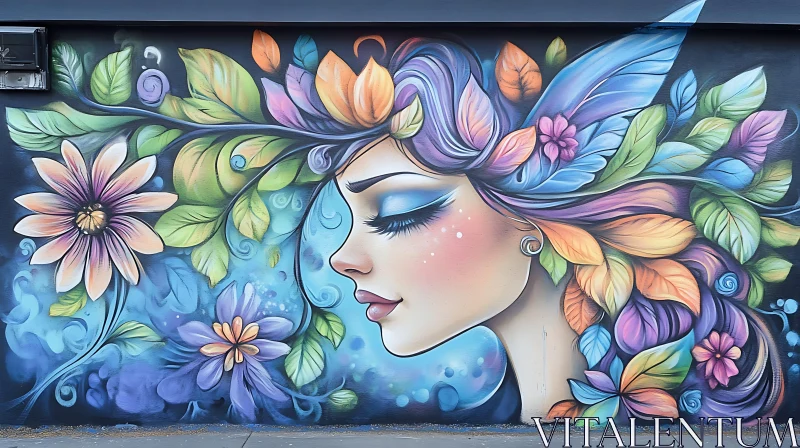 AI ART Urban Art Depicting Woman with Flower and Leaf Hair