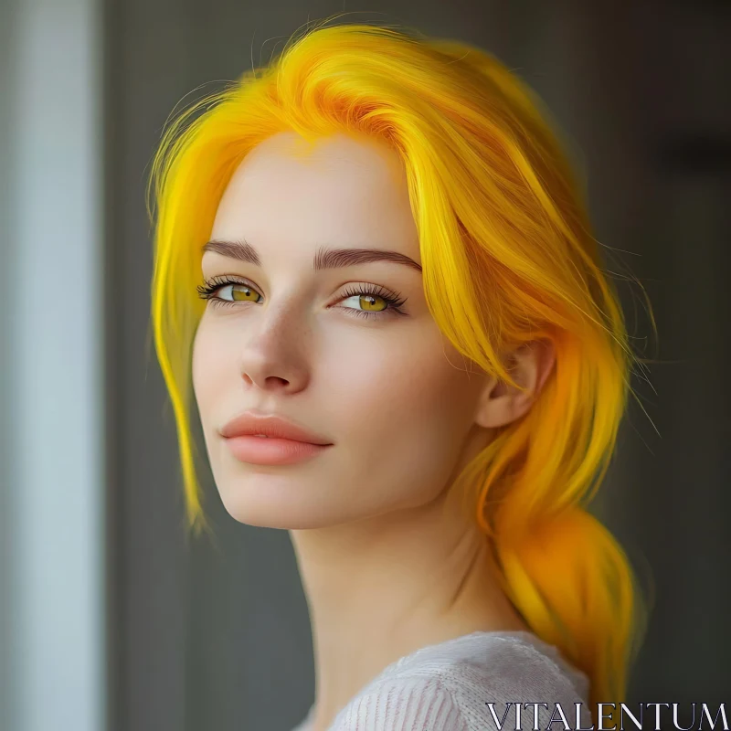 Serene Woman with Bright Yellow Hair and Green Eyes AI Image