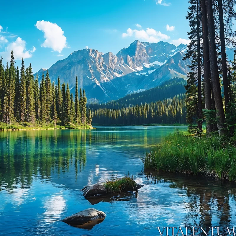 AI ART Tranquil Lake Framed by Towering Mountains and Verdant Foliage