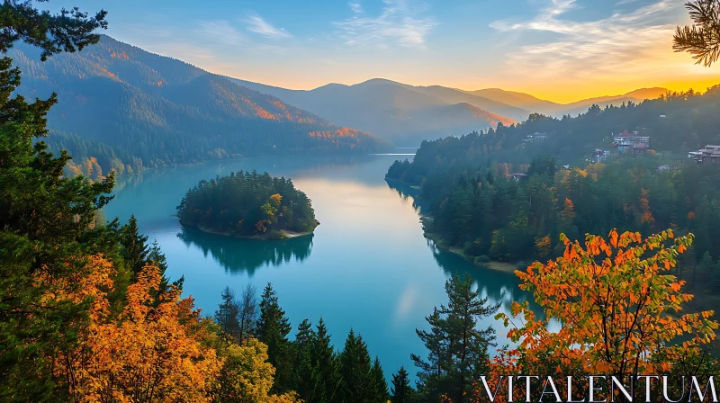 Serene Autumn Lake at Sunrise AI Image