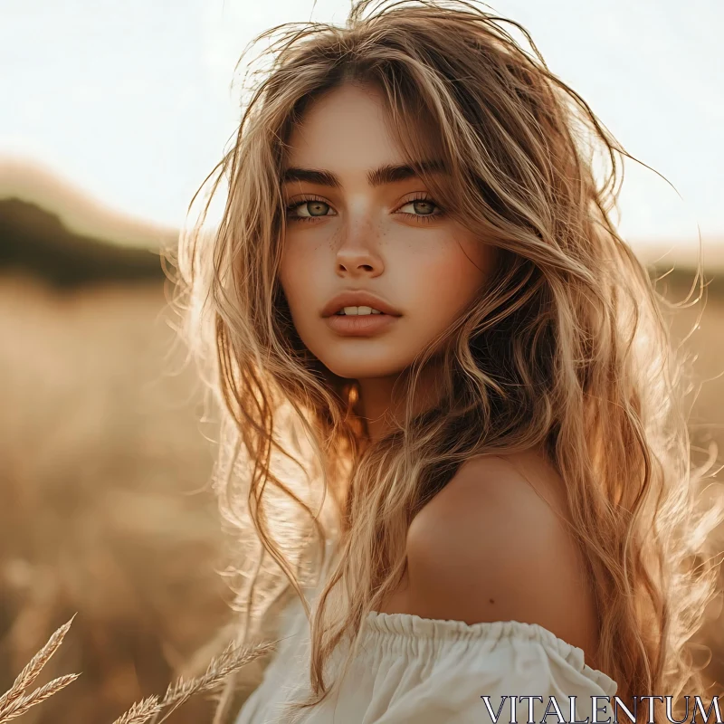 Golden Hour Woman Portrait in Field AI Image