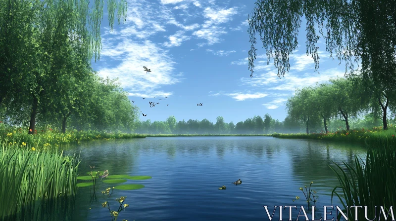 Tranquil Lake with Reflective Waters and Surrounding Greenery AI Image