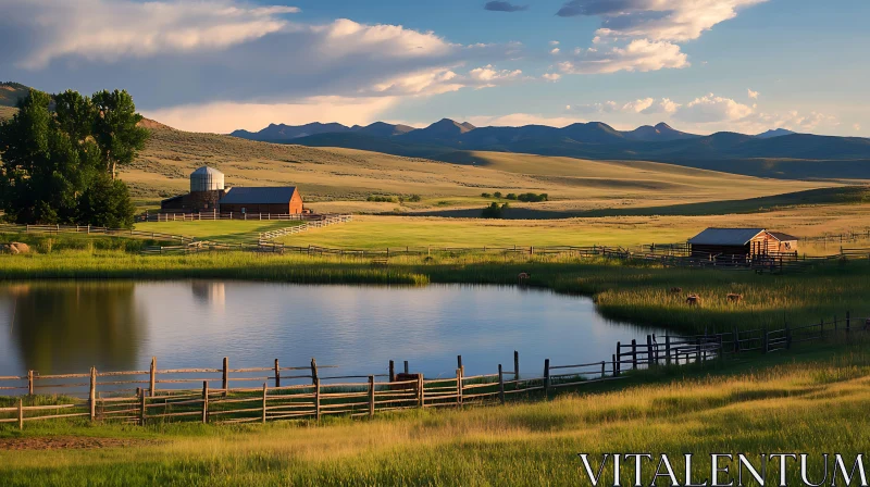 Serene Farm Setting with Water and Hills AI Image