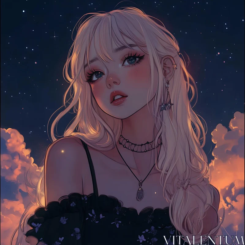 AI ART Blonde Anime Girl with Starry Sky Background