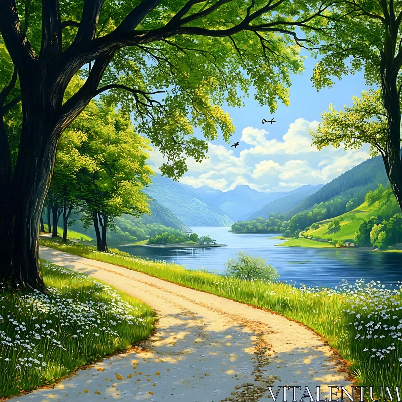 AI ART Serene Natural Scenery with Pathway and Mountains