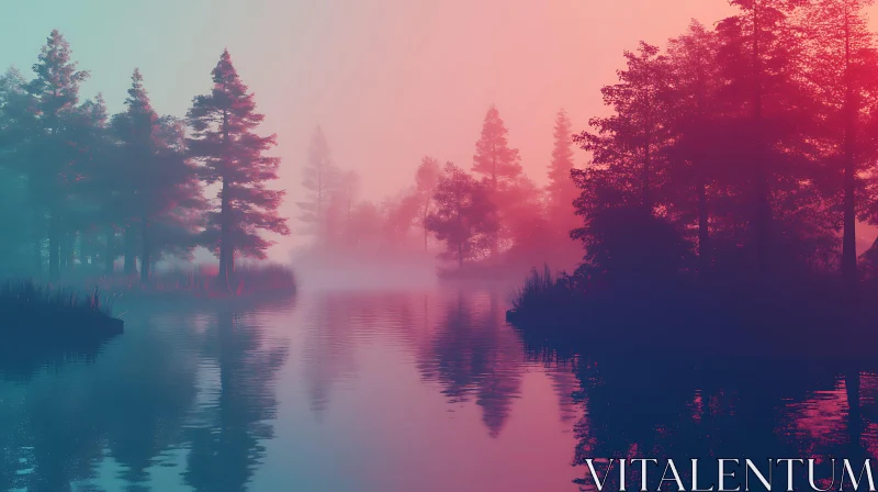 Tranquil Lake Sunset with Reflections and Mist AI Image