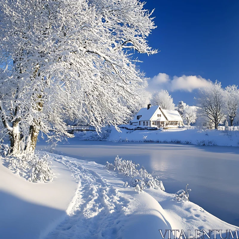 Peaceful Snowy Cottage Landscape AI Image