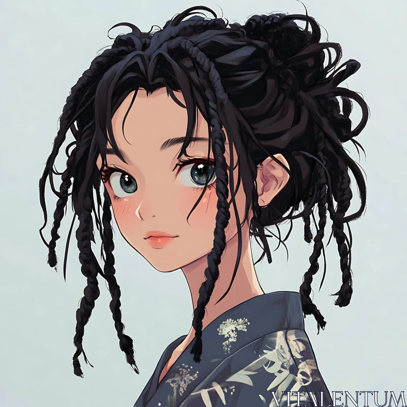 Anime Girl Portrait with Intricate Braids and Kimono AI Image