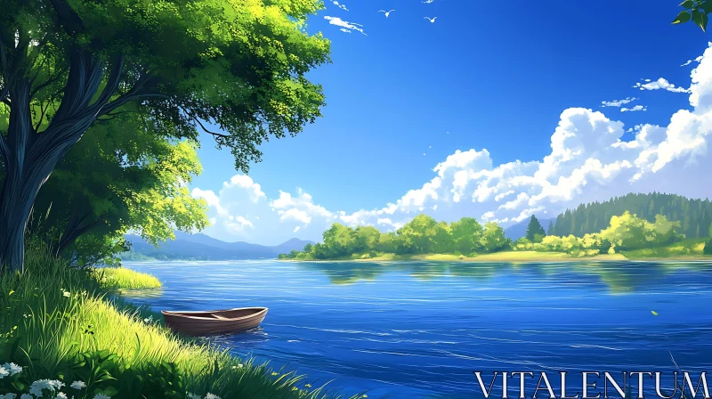 Peaceful Lake with Trees and Blue Sky AI Image