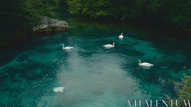 Peaceful Swans on a Turquoise Lake AI Image