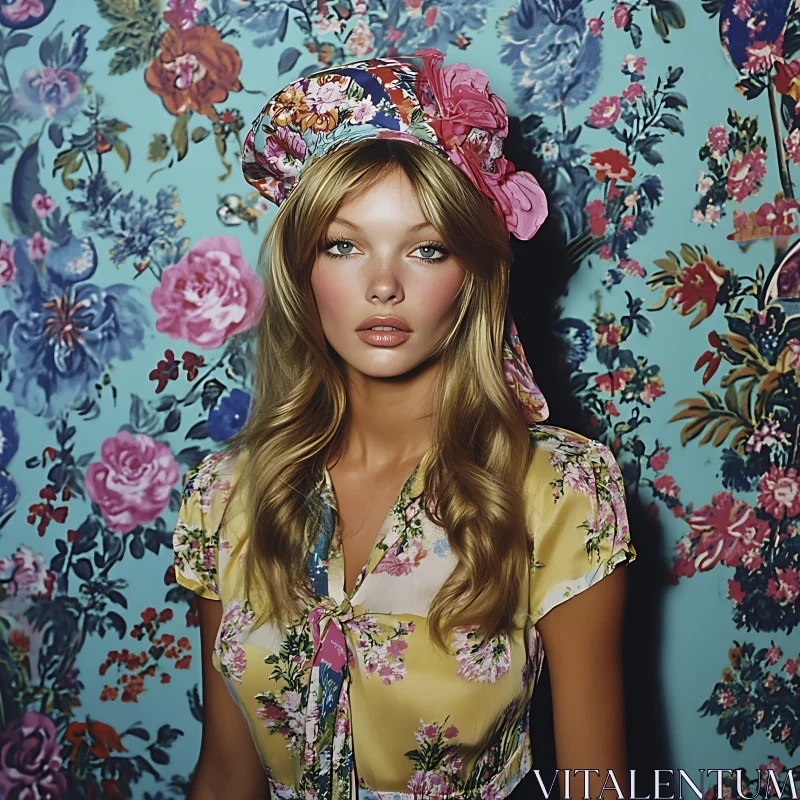 Flower Patterned Dress and Hat Portrait AI Image