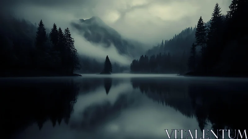 AI ART Mystical Lake in the Foggy Forest