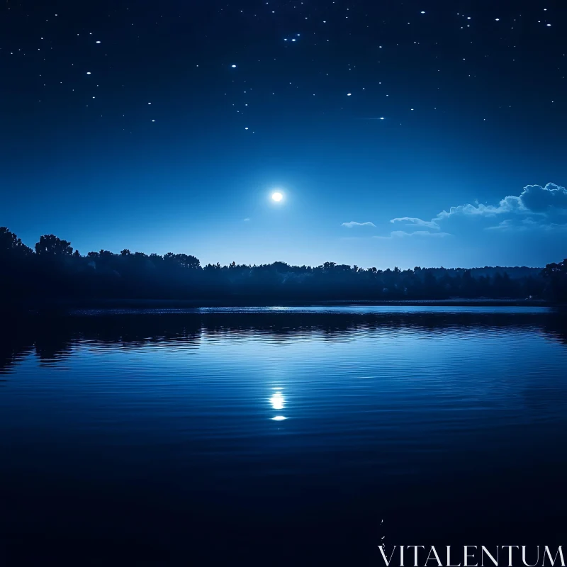 Peaceful Night with Moon Reflected on Lake AI Image